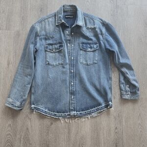 The Kooples Blue Distressed Denim Western Shirt Raw Hem Oversized - Size 2